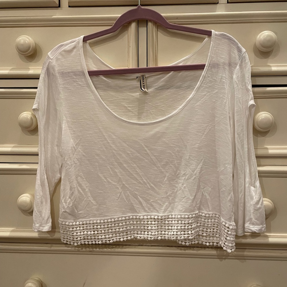LF White 3/4 Sleeve Lace Trim Crop Top